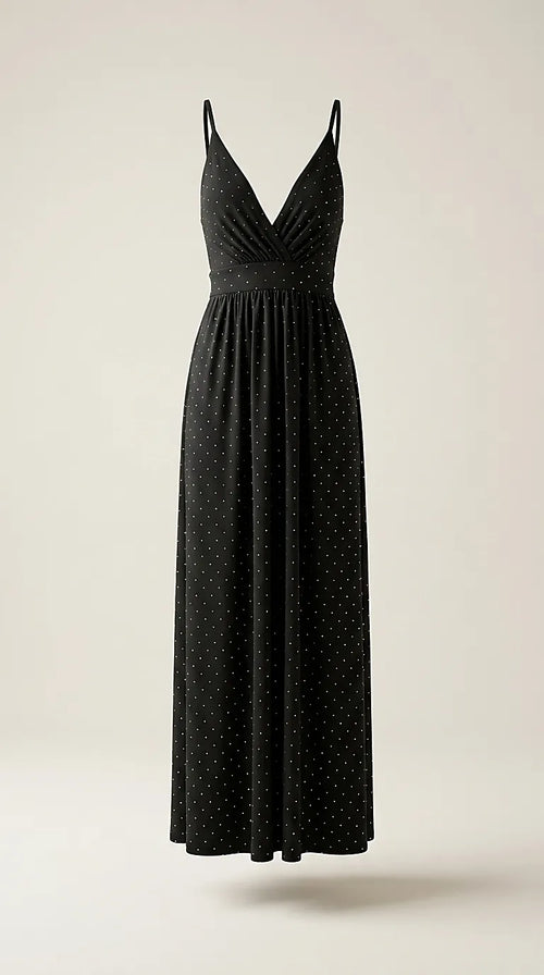 Rochie lungă de seară elegantă, neagră, cu crăpătură pe picior și inserții strălucitoare, decolteu în v și bretele subțiri, ideală pentru evenimente speciale