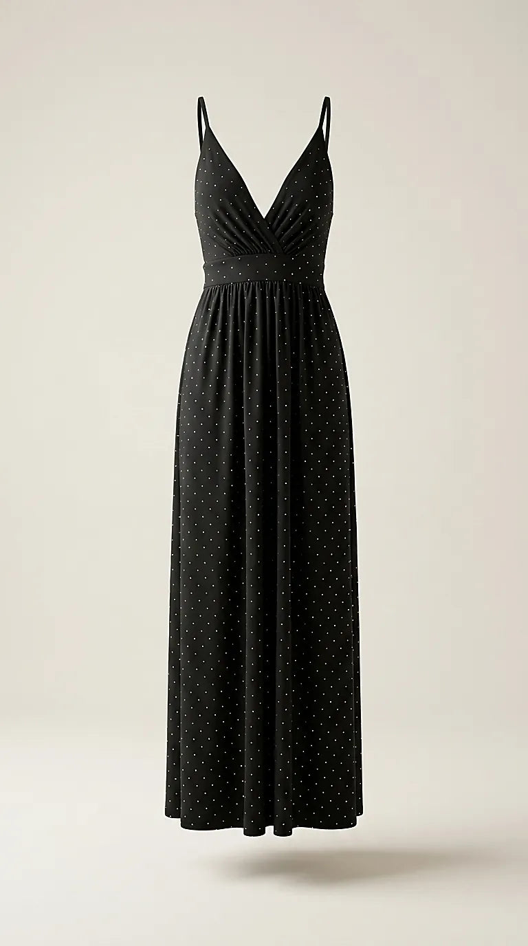 Rochie lungă de seară elegantă, neagră, cu crăpătură pe picior și inserții strălucitoare, decolteu în v și bretele subțiri, ideală pentru evenimente speciale
