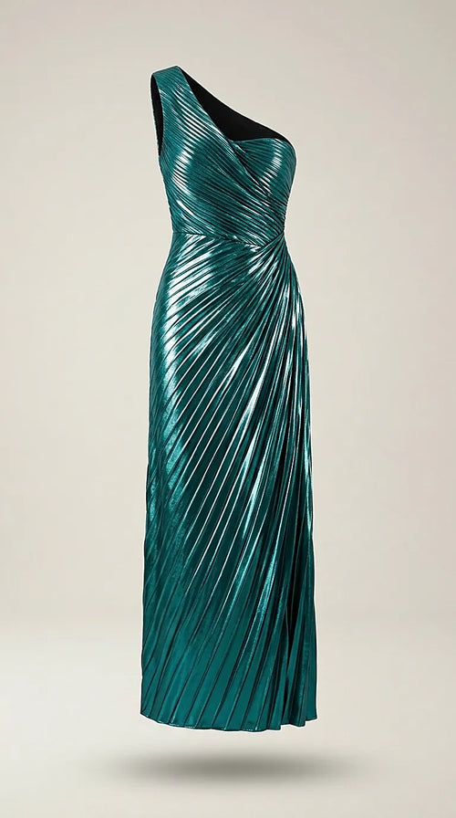 Rochie lungă de seară elegantă pe un umăr, cu design plisat și efect metalizat, decupaj lateral, culoare teal smarald