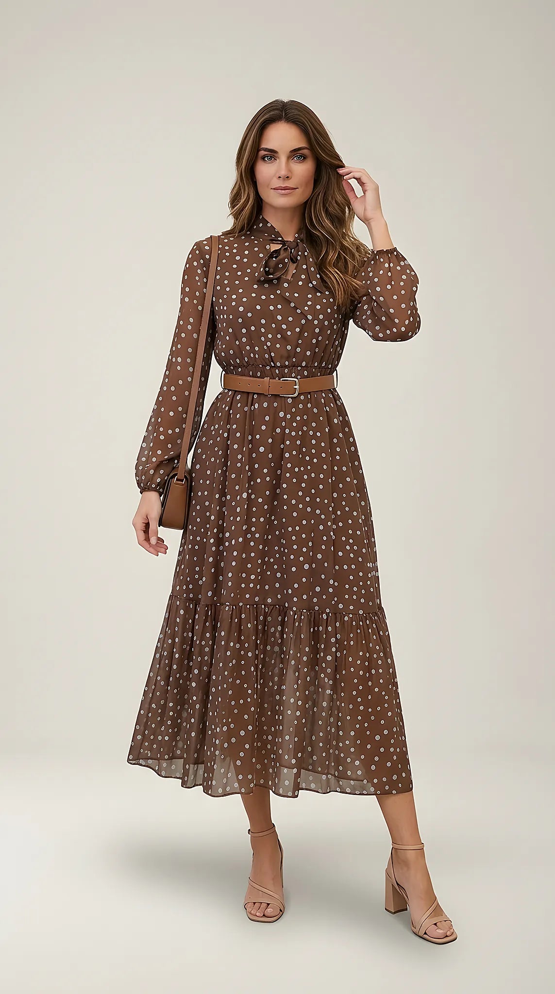 Rochie maro midi elegantă din șifon cu buline, guler cu fundă și cordon în talie, stil boho-chic