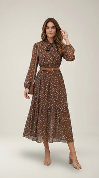 Rochie maro midi elegantă din sifon cu buline, guler cu funda si cordon in talie, stil boho-chic | Mira Style
