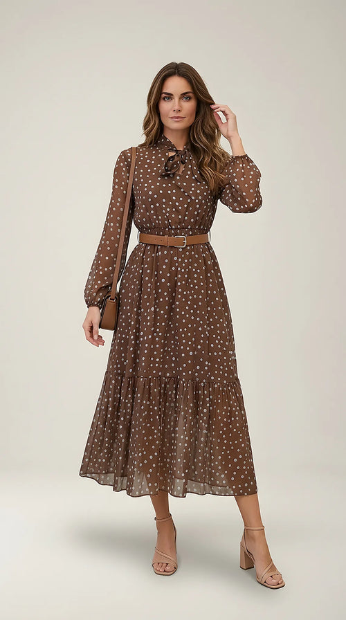 Rochie maro midi elegantă din șifon cu buline, guler cu fundă și cordon în talie, stil boho-chic