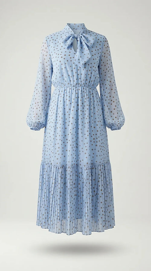 Rochie midi bleu elegantă din voal cu buline, guler cu fundă și fustă plisată