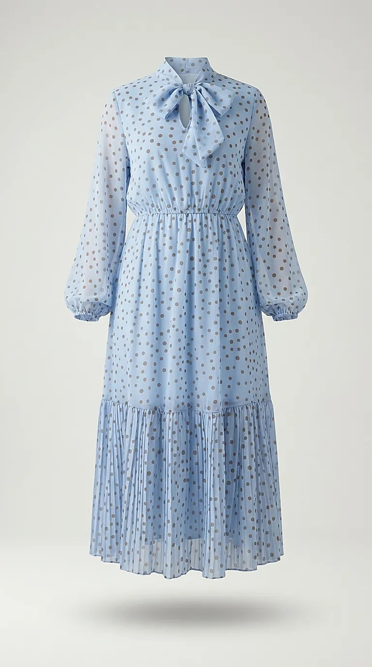 Rochie midi bleu elegantă din voal cu buline, guler cu fundă și fustă plisată