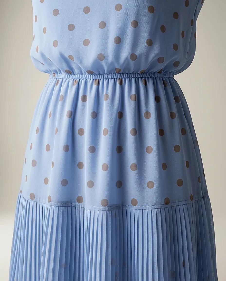 Rochie midi bleu elegantă din voal cu buline, guler cu fundă și fustă plisată