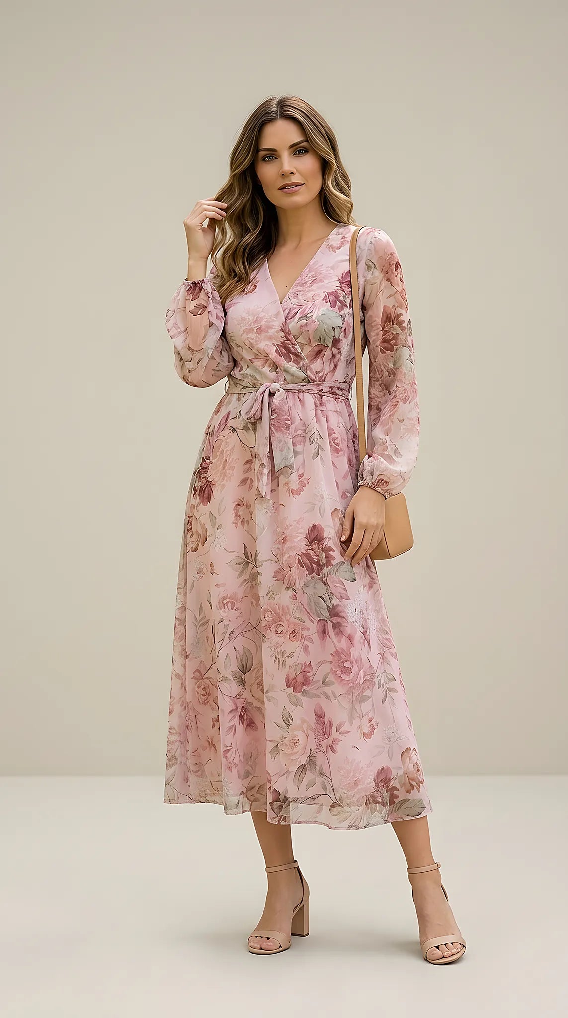 Rochie midi elegantă roz din voal cu imprimeu floral și cordon în talie | Mira Style