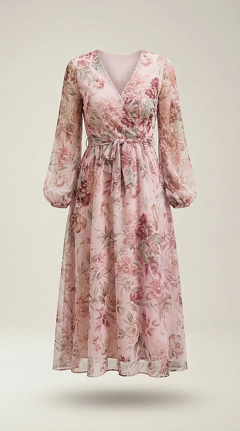 Rochie midi elegantă roz din voal cu imprimeu floral și cordon în talie | Mira Style