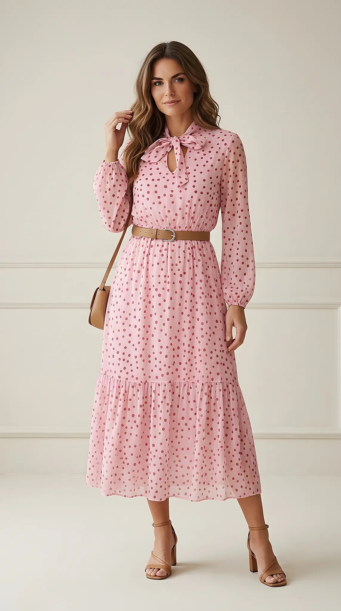 Rochie midi roz cu buline roșii, fundă la gât și mâneci lungi, stil elegant-casual