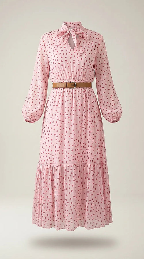Rochie midi roz cu buline roșii, fundă la gât și mâneci lungi, stil elegant-casual