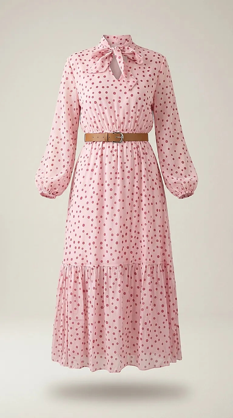 Rochie midi roz cu buline roșii, fundă la gât și mâneci lungi, stil elegant-casual