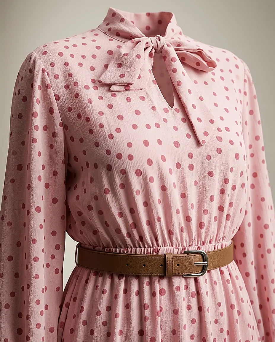 Rochie midi roz cu buline roșii, fundă la gât și mâneci lungi, stil elegant-casual