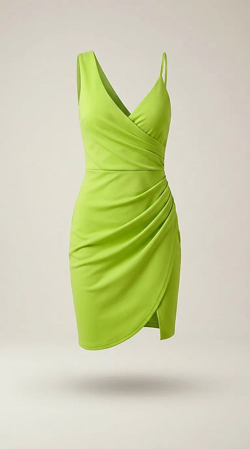 Rochie mini elegantă de cocktail verde lime, cu design asimetric, drapaj lateral și decolteu în v