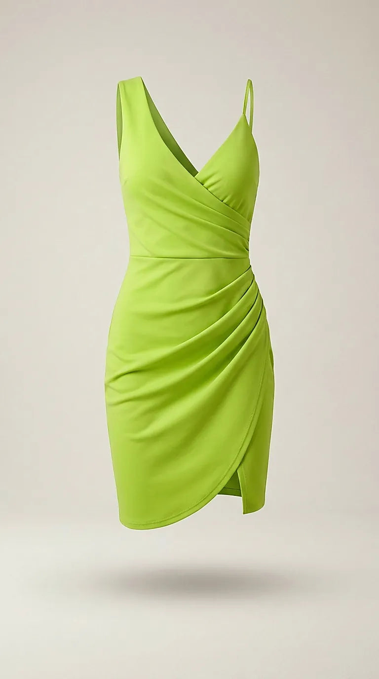 Rochie mini elegantă de cocktail verde lime, cu design asimetric, drapaj lateral și decolteu în v