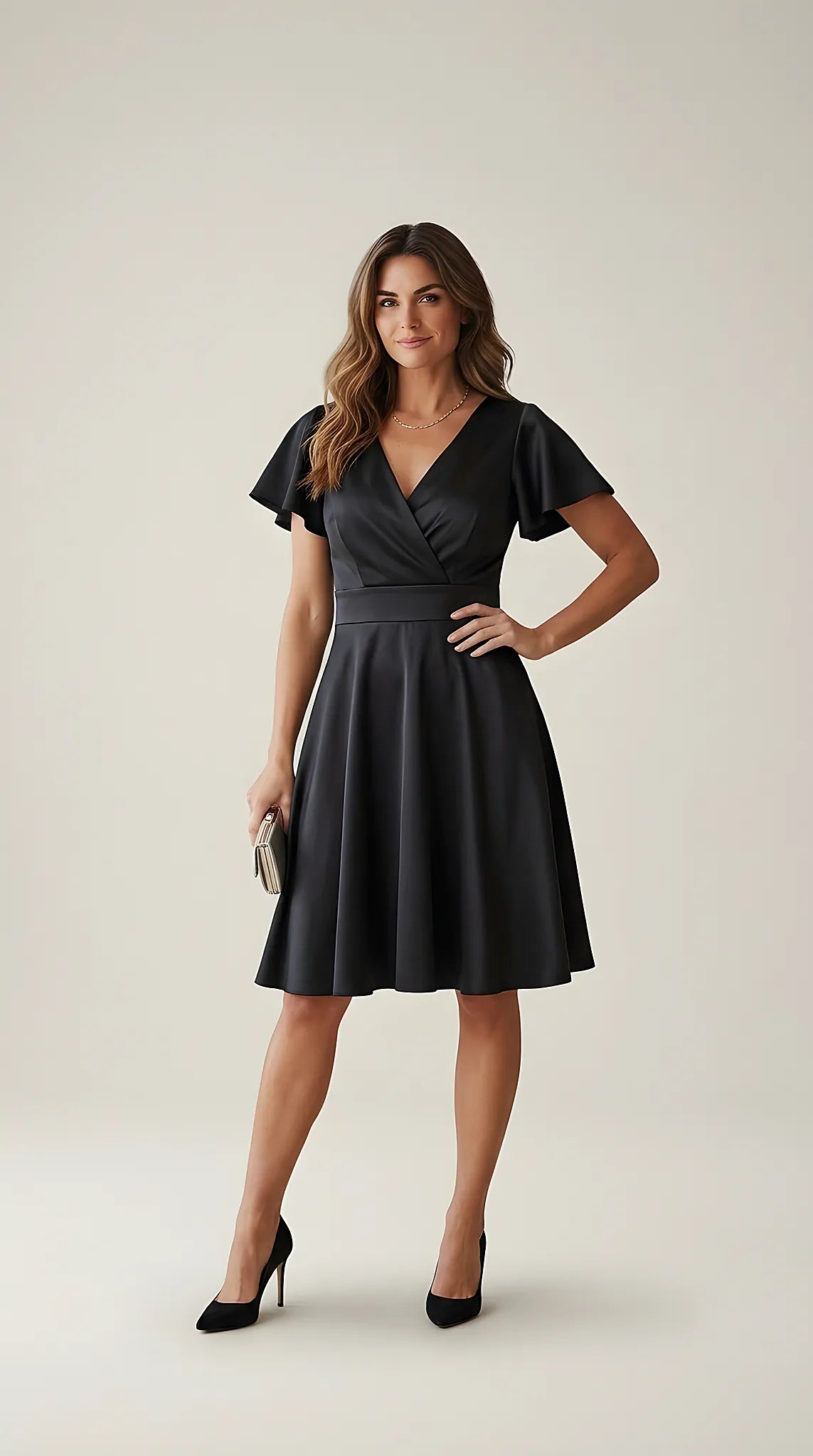 Rochie neagră elegantă de seară cu decolteu în v petrecut și mâneci evazate, stil cocktail