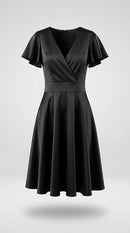 Rochie neagră elegantă de seară cu decolteu în v petrecut și mâneci evazate, stil cocktail