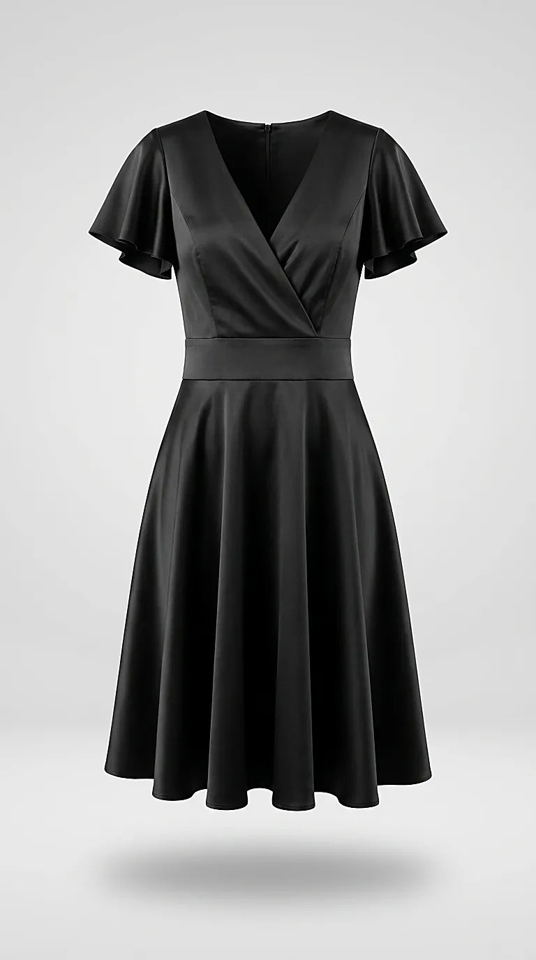 Rochie neagră elegantă de seară cu decolteu în v petrecut și mâneci evazate, stil cocktail