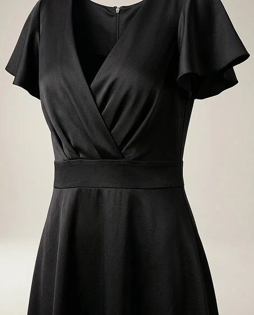 Rochie neagră elegantă de seară cu decolteu în v petrecut și mâneci evazate, stil cocktail