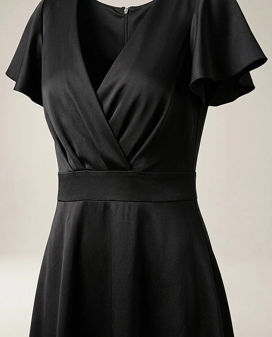 Rochie neagră elegantă de seară cu decolteu în v petrecut și mâneci evazate, stil cocktail