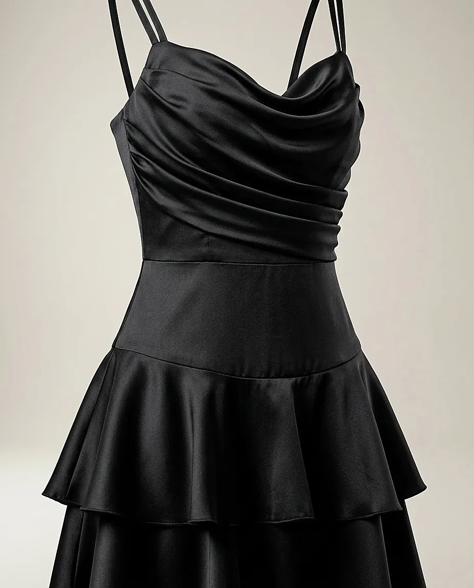 Rochie neagră scurtă de seară cu volane în trepte și decolteu drapat, elegantă pentru petrecere sau cocktail