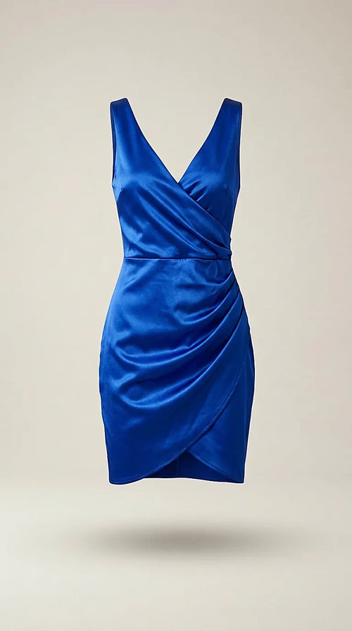 Rochie scurtă de ocazie albastru regal, din material satinat, cu design petrecut și drapaj lateral