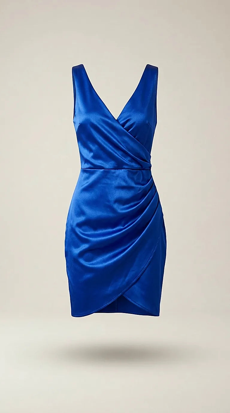 Rochie scurtă de ocazie albastru regal, din material satinat, cu design petrecut și drapaj lateral