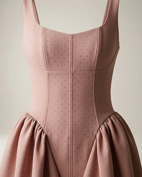 Rochie scurtă elegantă de ocazie, roz prăfuit, cu bust structurat tip corset și fustă evazată cu fundă la spate, accesorizată cu strasuri discrete