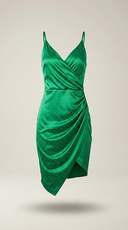 Rochie scurtă elegantă de petrecere verde smarald, cu bretele subțiri, detalii drapate și strasuri scânteietoare, stil cocktail mini