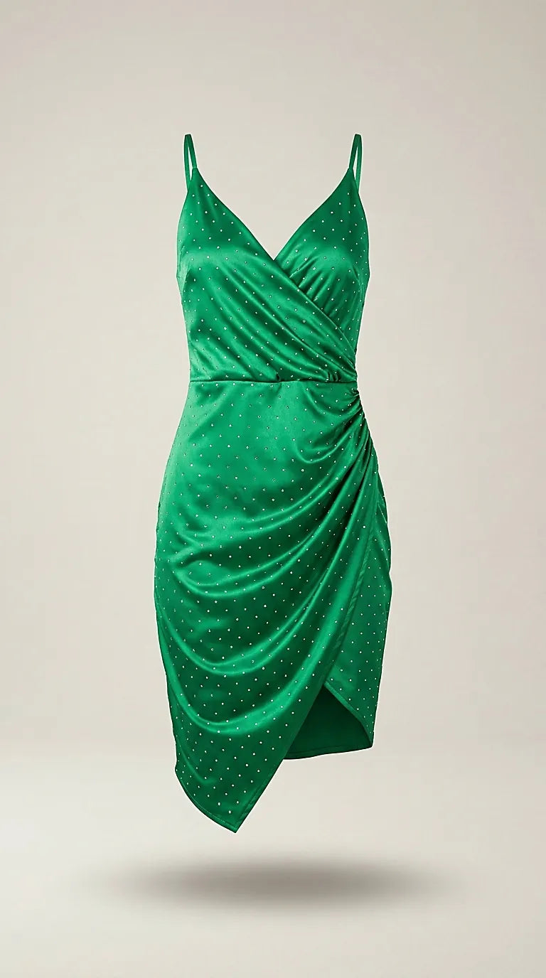 Rochie scurtă elegantă de petrecere verde smarald, cu bretele subțiri, detalii drapate și strasuri scânteietoare, stil cocktail mini