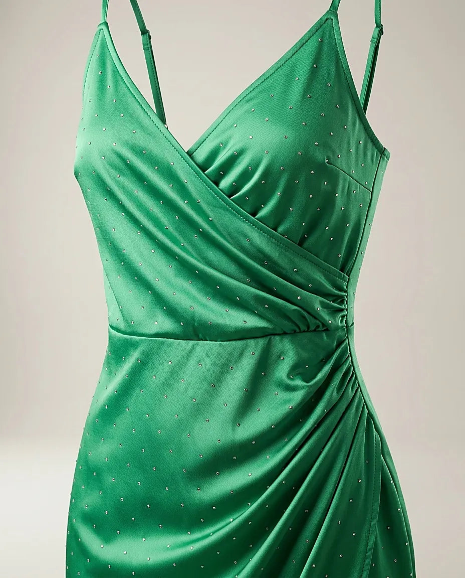 Rochie scurtă elegantă de petrecere verde smarald, cu bretele subțiri, detalii drapate și strasuri scânteietoare, stil cocktail mini