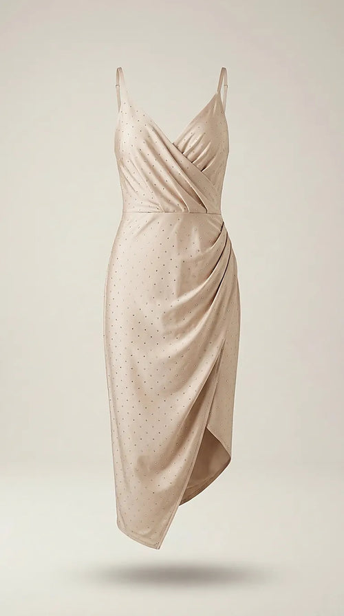 Rochie scurtă elegantă de seară bej champagne cu strasuri, croială drapată asimetrică și decolteu în v