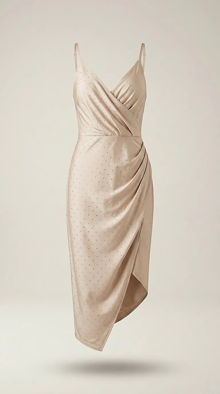 Rochie scurtă elegantă de seară bej champagne cu strasuri, croială drapată asimetrică și decolteu în v
