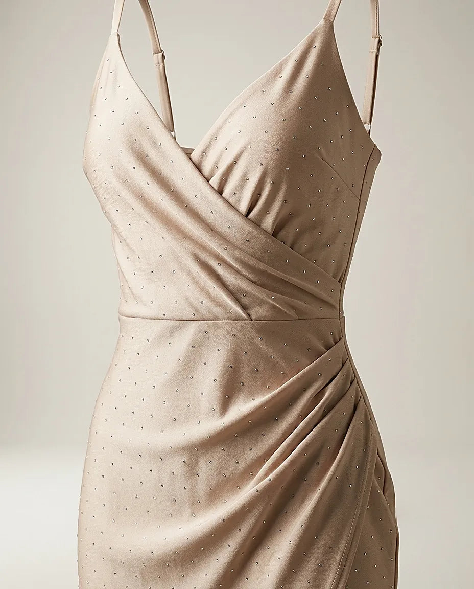 Rochie scurtă elegantă de seară bej champagne cu strasuri, croială drapată asimetrică și decolteu în v
