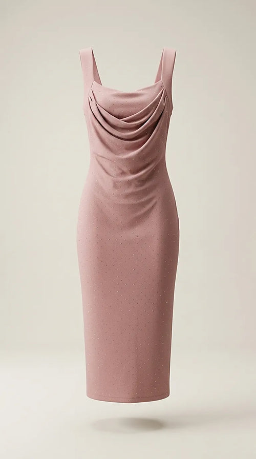 Rochie sport-casual din material striat elastic roz prăfuit cu drapaj pe bust și sclipici