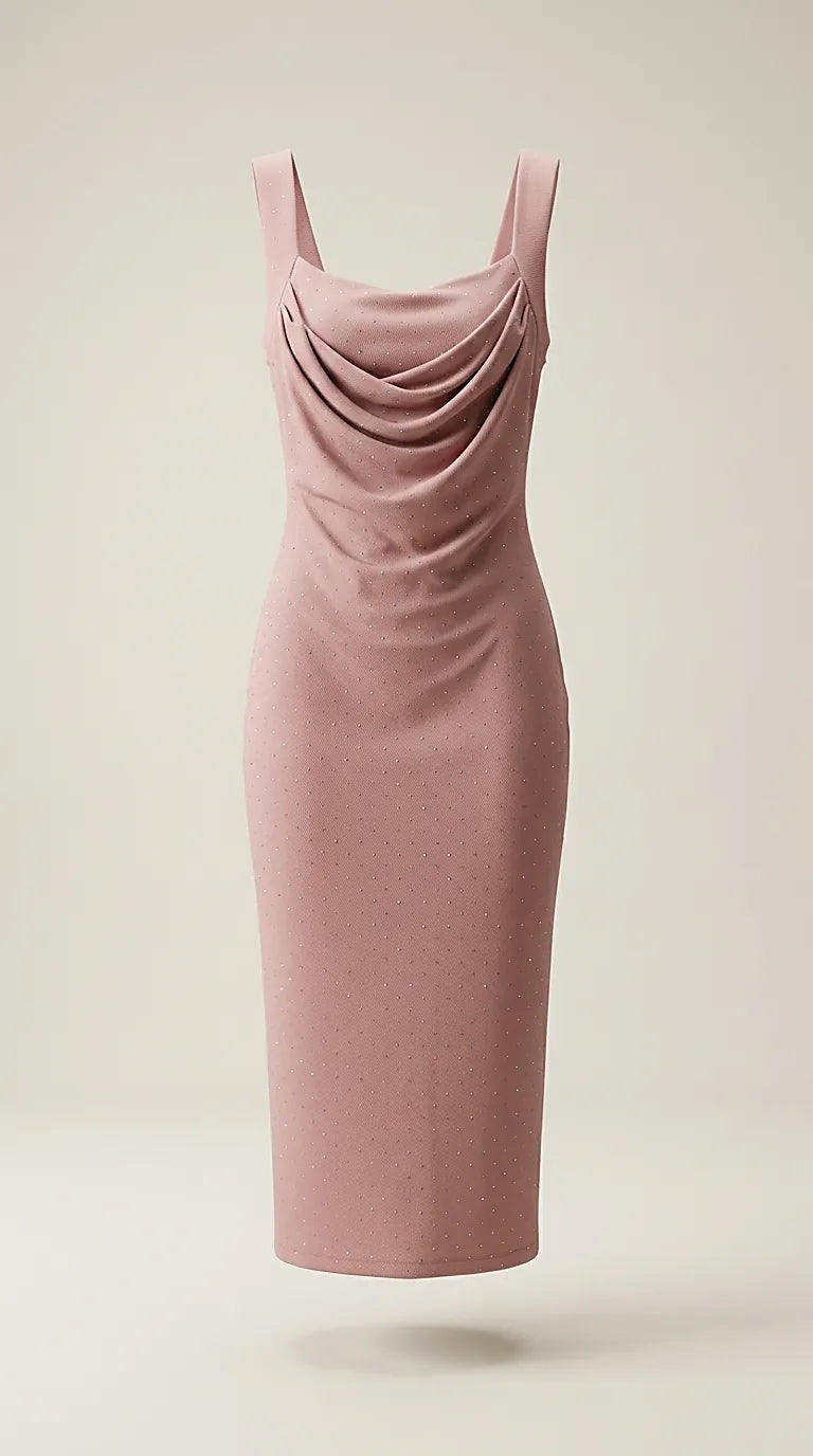 Rochie sport-casual din material striat elastic roz prăfuit cu drapaj pe bust și sclipici