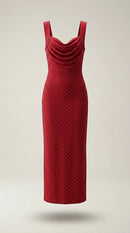 Rochie sport-casual roșie midi cu decolteu drapat tip cowl și aplicații strălucitoare, material striat elastic