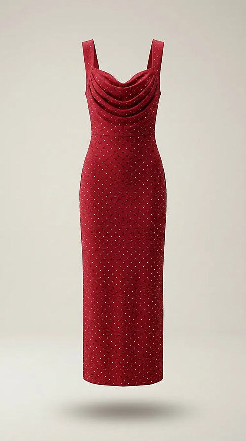 Rochie sport-casual roșie midi cu decolteu drapat tip cowl și aplicații strălucitoare, material striat elastic