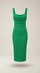 Rochie sport-casual verde cu decolteu drapat și strasuri, model midi bodycon din material striat elastic