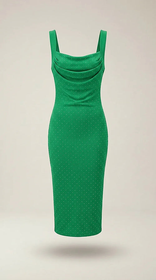 Rochie sport-casual verde cu decolteu drapat și strasuri, model midi bodycon din material striat elastic