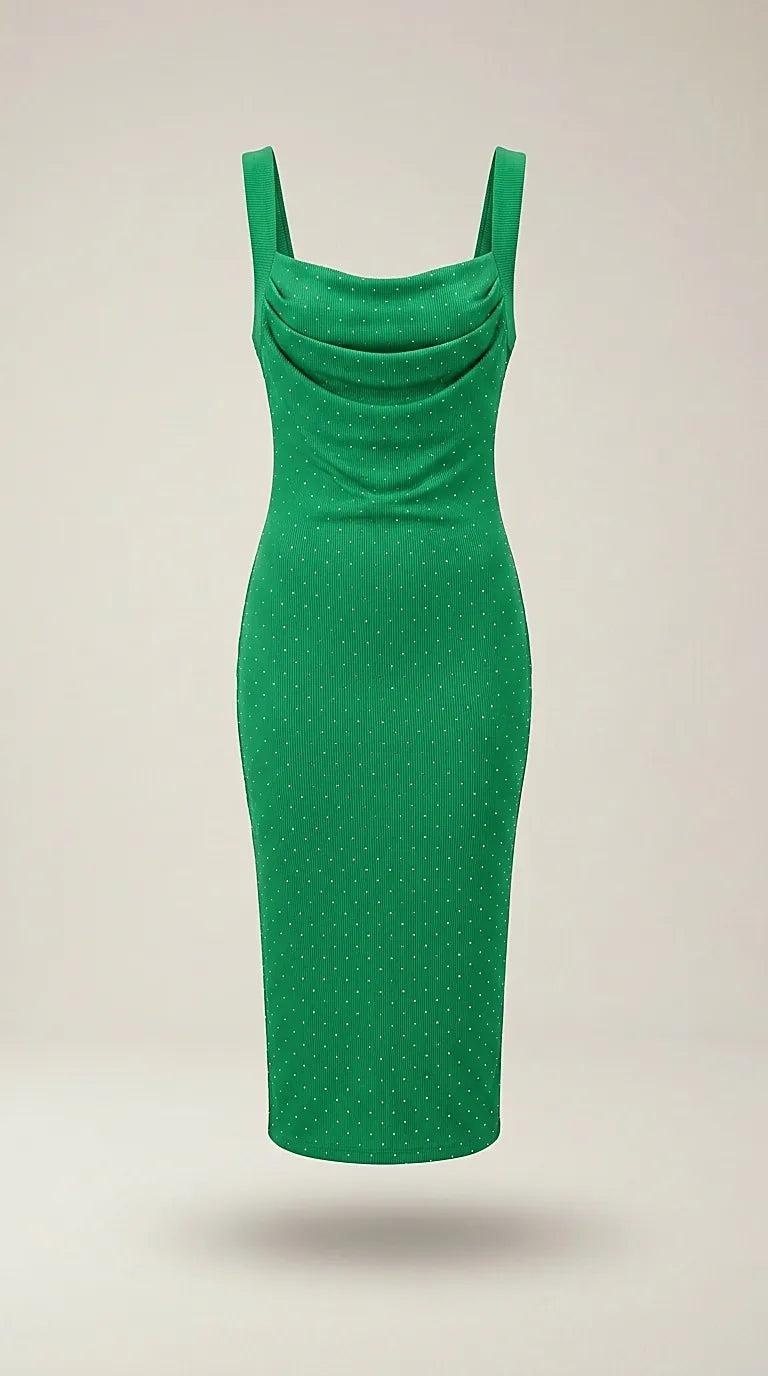 Rochie sport-casual verde cu decolteu drapat și strasuri, model midi bodycon din material striat elastic