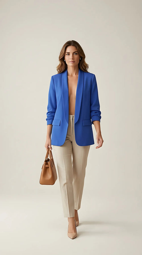 Sacou damă elegant albastru royal, stil casual office, rever sal si mâneci 3/4 fronsate, fara inchidere