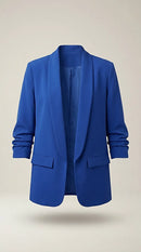 Sacou damă elegant albastru royal, stil casual office, rever sal si mâneci 3/4 fronsate, fara inchidere