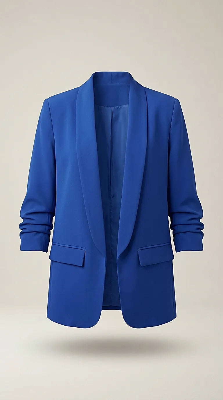 Sacou damă elegant albastru royal, stil casual office, rever sal si mâneci 3/4 fronsate, fara inchidere