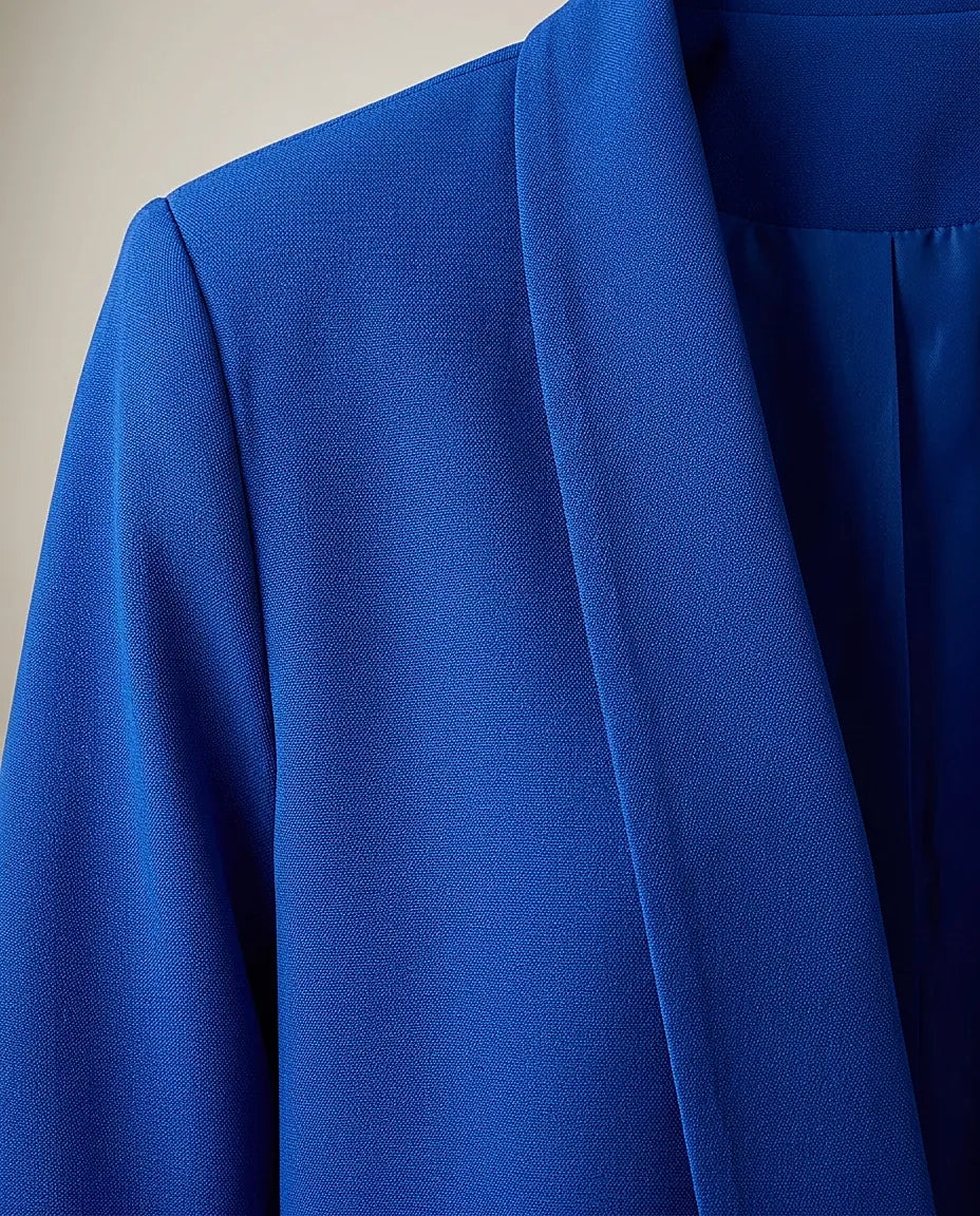 Sacou damă elegant albastru royal, stil casual office, rever sal si mâneci 3/4 fronsate, fara inchidere