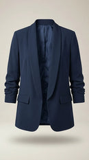 Sacou damă elegant casual bleumarin cu mâneci 3/4 drapate, blazer office fără nasturi, fabricat în italia