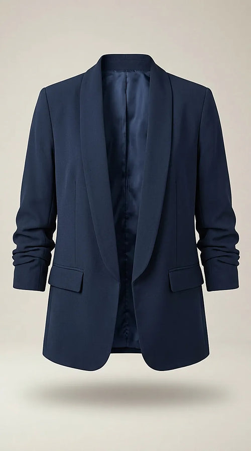 Sacou damă elegant casual bleumarin cu mâneci 3/4 drapate, blazer office fără nasturi, fabricat în italia