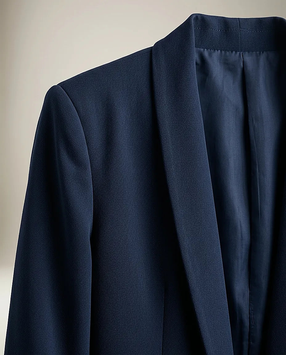 Sacou damă elegant casual bleumarin cu mâneci 3/4 drapate, blazer office fără nasturi, fabricat în italia