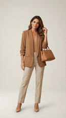 Sacou damă elegant casual maro camel, mâneci 3/4 încrețite, fără închidere, stil modern made in italy