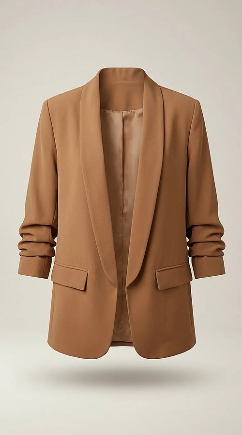 Sacou damă elegant casual maro camel, mâneci 3/4 încrețite, fără închidere, stil modern made in italy