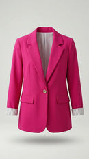 Sacou damă elegant-casual roz fucsia, cu nasture auriu decorativ și manșete dungi, croială lejeră