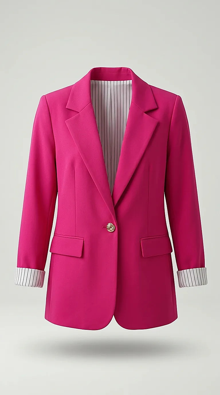Sacou damă elegant-casual roz fucsia, cu nasture auriu decorativ și manșete dungi, croială lejeră